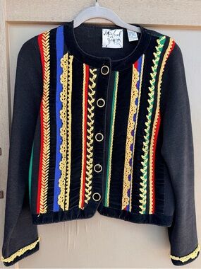 Michael Simon NY VTG Boho Knit Cardigan Sweater Gold Trim Multicolor Velvet Lace
